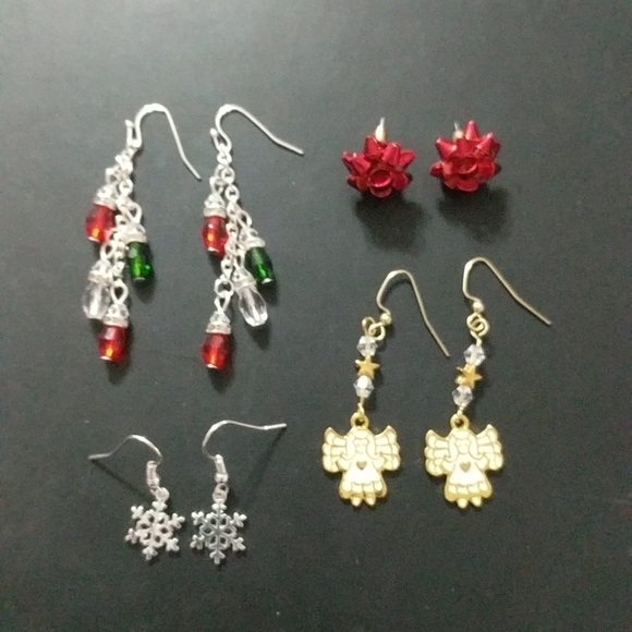 Set of 4 Holiday Christmas Earrings - Lights, Bows, Snowflakes, Angels - Picture 1 of 1